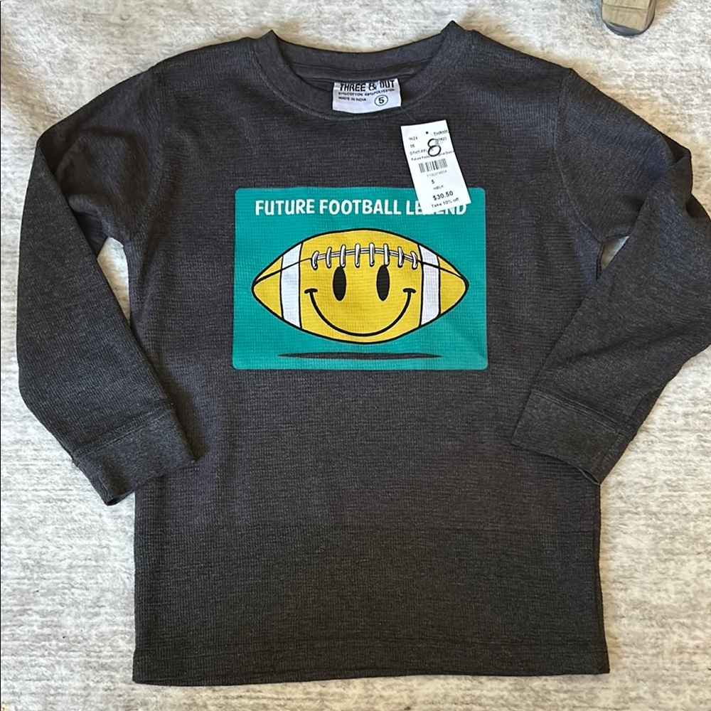 Gray and Yellow Long Sleeve Tee with Football Smiley Graphic